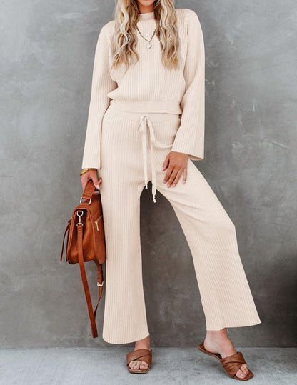 Fall Winter Fashion Round Neck Top Drawstring Loose Casual Trousers Two-piece Set