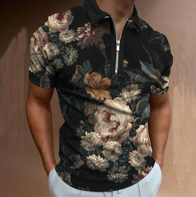 Chain Print Polo Shirt Casual Short-sleeved Men's T-shirt Top