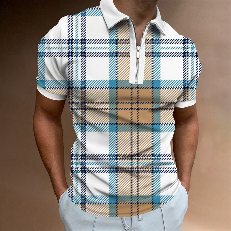 Men's POLO Lapel Striped Plaid Short Sleeve T-Shirt