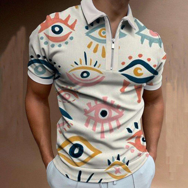 Chain Print Polo Shirt Casual Short-sleeved Men's T-shirt Top