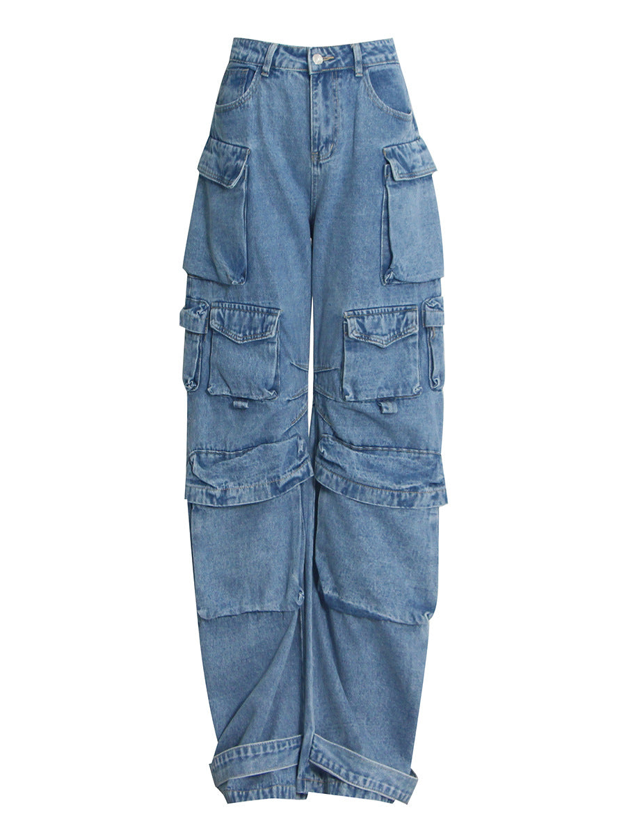 Fashion High-waisted Personalized Stitching Denim Trousers