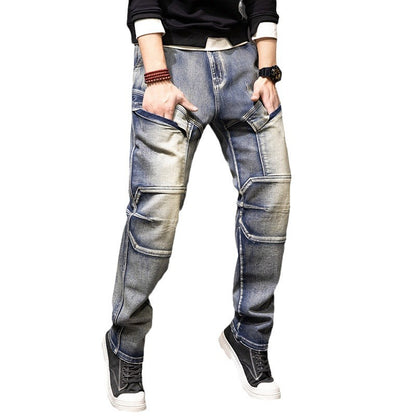 Men's Multi Pocket Workwear Distressed Yellow Jeans