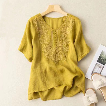 Women's Cotton Loose Embroidered Short-sleeved T-shirt Summer