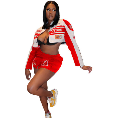 Retro Detachable Motorcycle Baseball Uniform Short Coat Racing Hot Girl Two-piece Skirt Suit