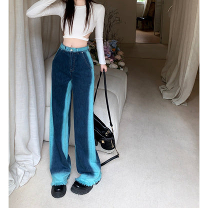 Color Contrast Wide Leg Raw Edge Jeans Women