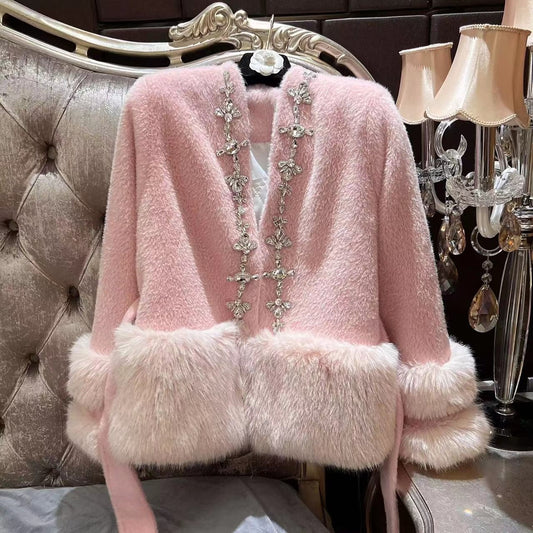 Ladies Thickened Beaded Fox Fur Cardigan Coat