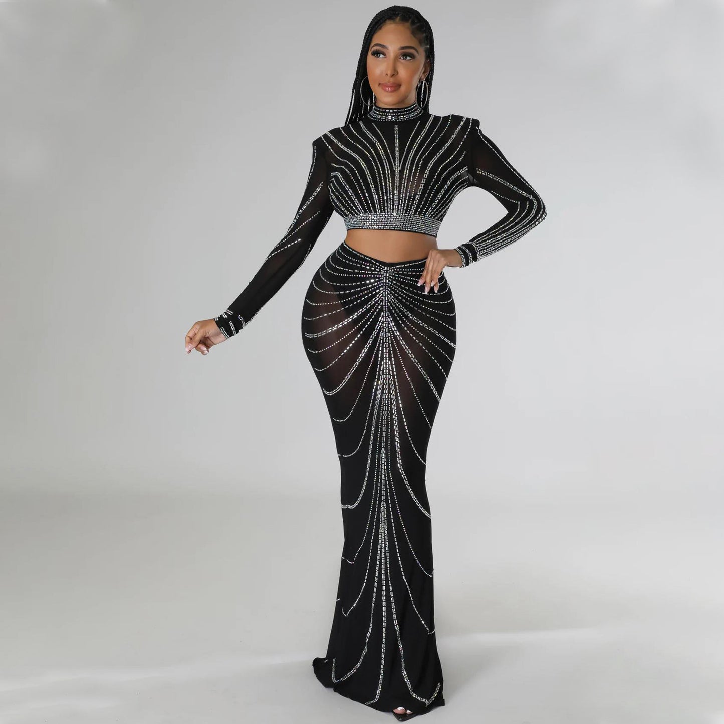 Women's Long Sleeve Mesh Rhinestone Two-piece Suit