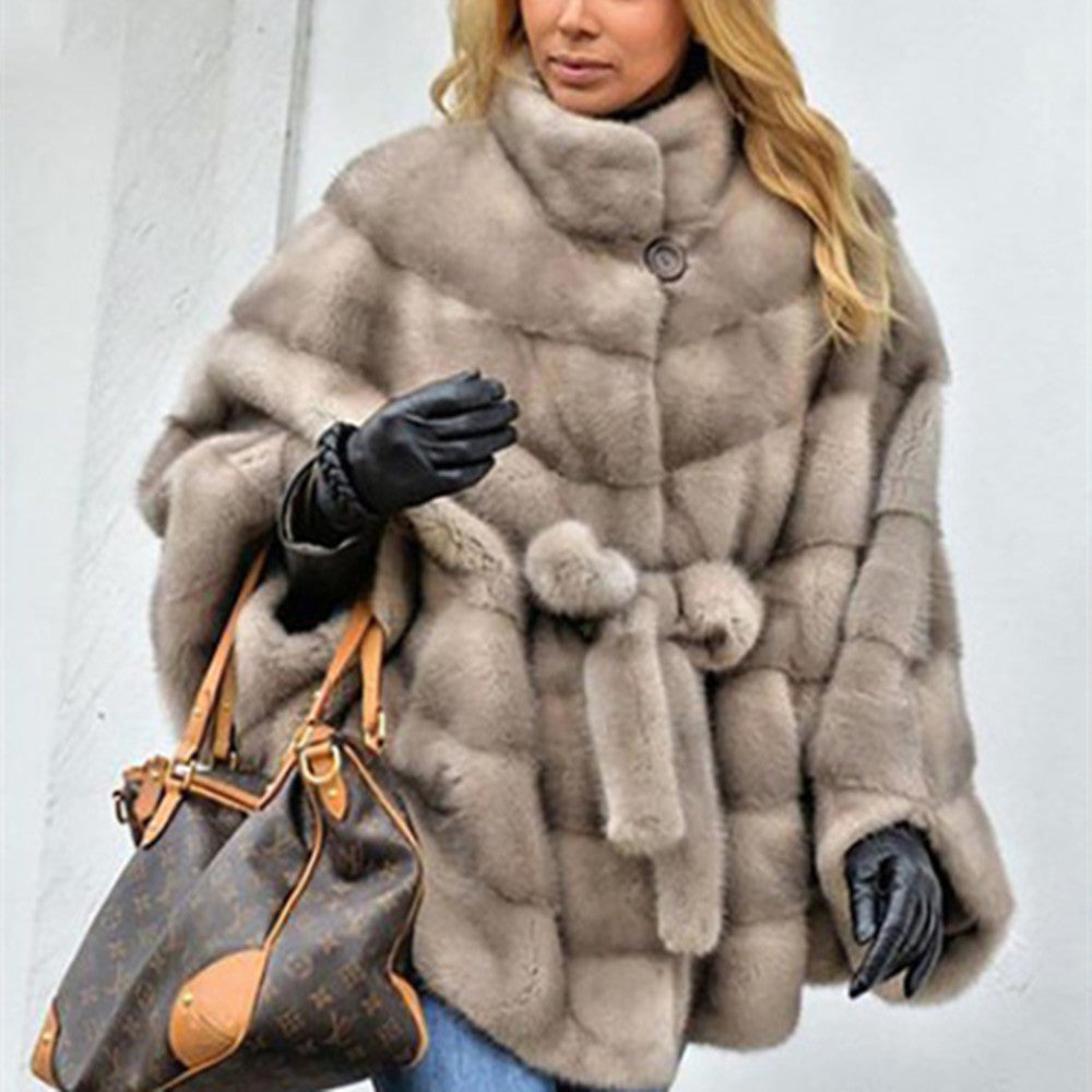 Solid Faux Fur Jacket Stand Collar Loose Belt