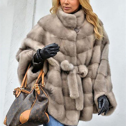 Solid Faux Fur Jacket Stand Collar Loose Belt