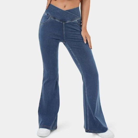 High Imitation Denim Bell-bottom Pants Cross-border Hip Lifting European And American Women Bell-bottom Pants