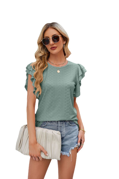 Round Neck Double Layer Ruffle Sleeve Hollow Short Sleeve