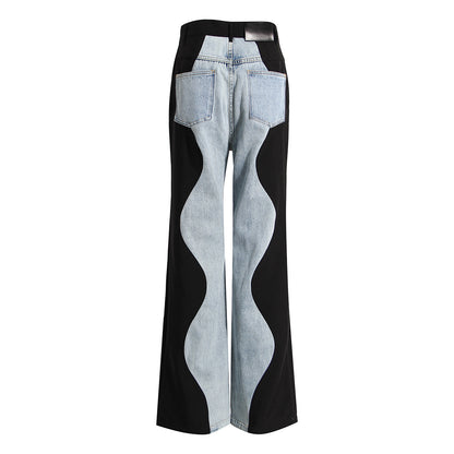 Black And Blue Wavy Denim Splicing Straight Wide Leg Pants