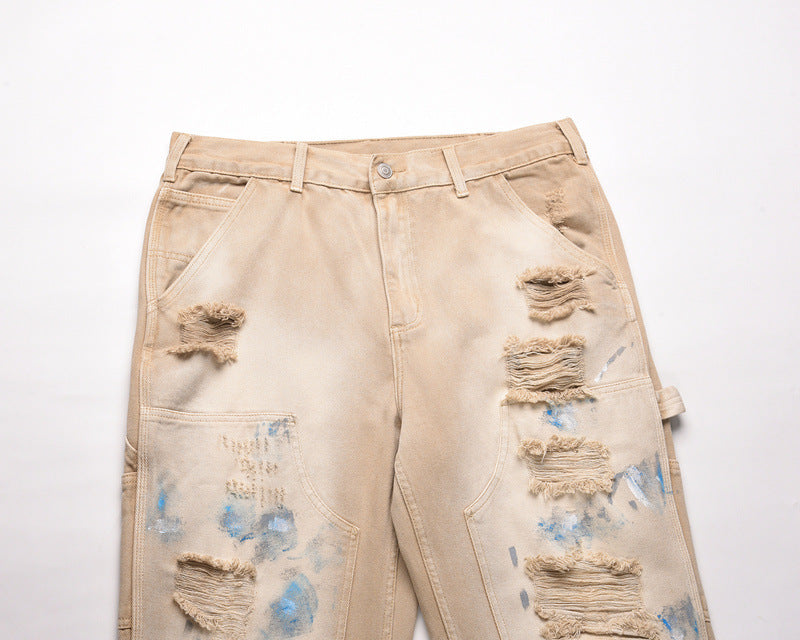 High Street Washed Ink Splattered Yellow Mud Zip-Up Jeans