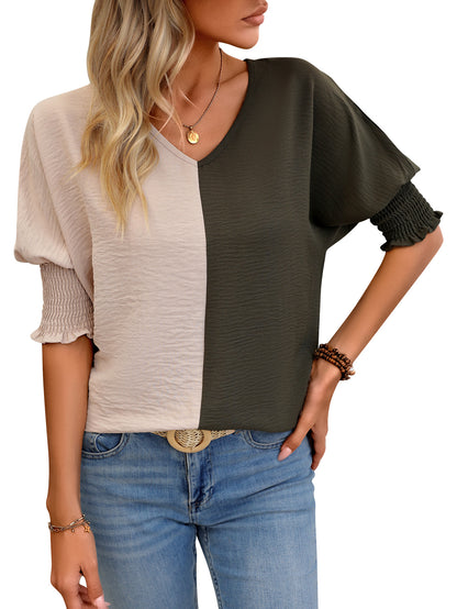 V-neck Loose Smocking Batwing Sleeve Color Matching Top