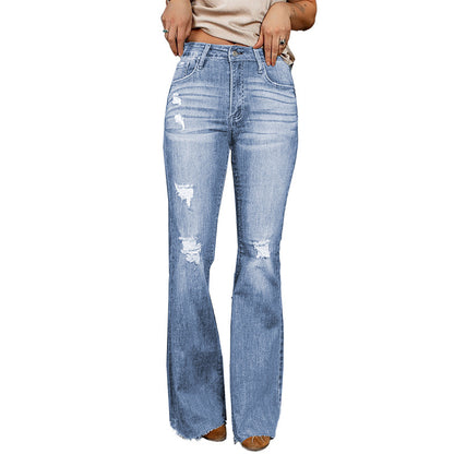 Women's High Waist Slim Jeans Washed And Frayed Wide Leg Pants Trousers