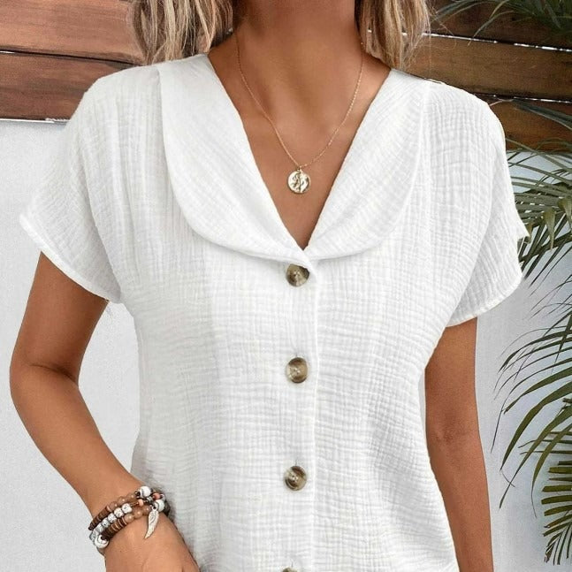 Solid Color Fashion Short Sleeve Cardigan Button Women's Top