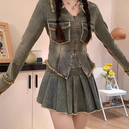 Hot Girl Washed Frayed Hem Denim Short Coat Two-piece Suit