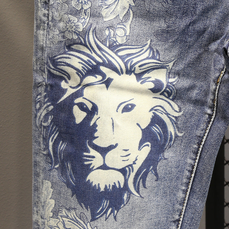 Lion Print Men's Jeans Summer New Slim Fit