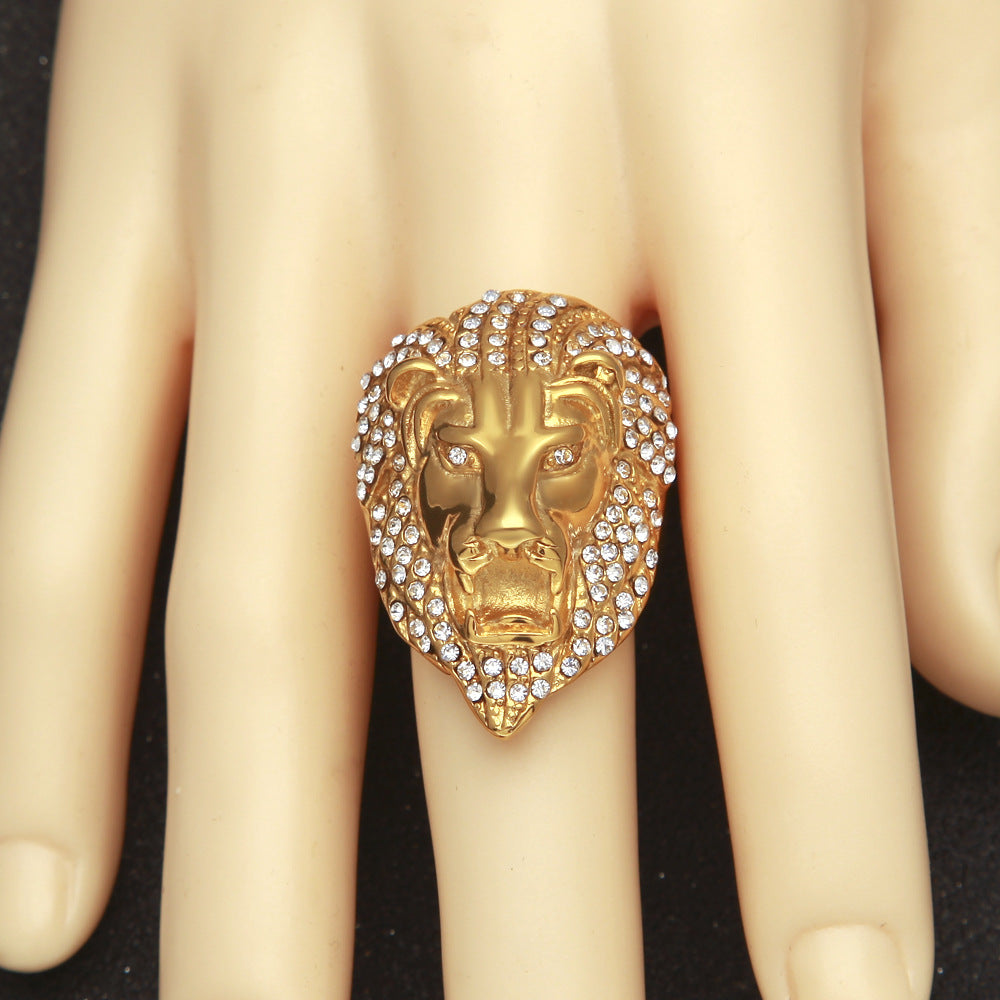 Domineering Retro 18k Gold-plated Diamond Lion Head King Oversized Ring Male Trend