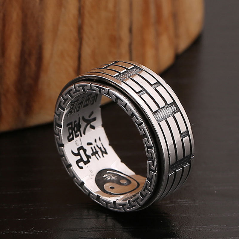 Handmade Vintage Thai Silver Turning Scripture Big Ring Male