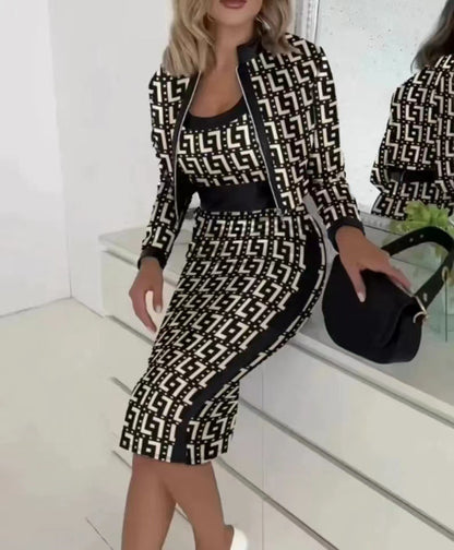 Printed Long Sleeve Coat Vest Plus Skirt Three-piece Suit