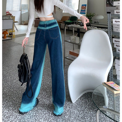 Color Contrast Wide Leg Raw Edge Jeans Women