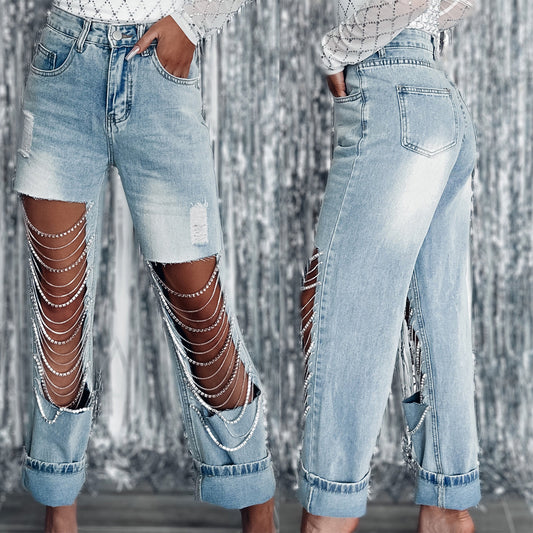 Big Ripped Jeans Women's Chain Ornaments Straight-leg Pants