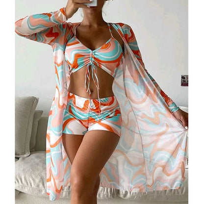 Swimsuit Female Split Three-piece Set High Waist Long Sleeve Smock Drawstring Suit