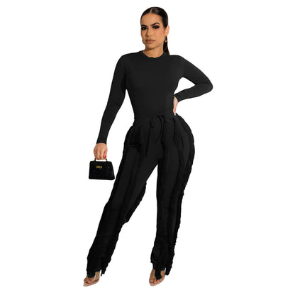 Women's Tassel Lace Jumpsuit Solid Color Sports Two-piece Suit