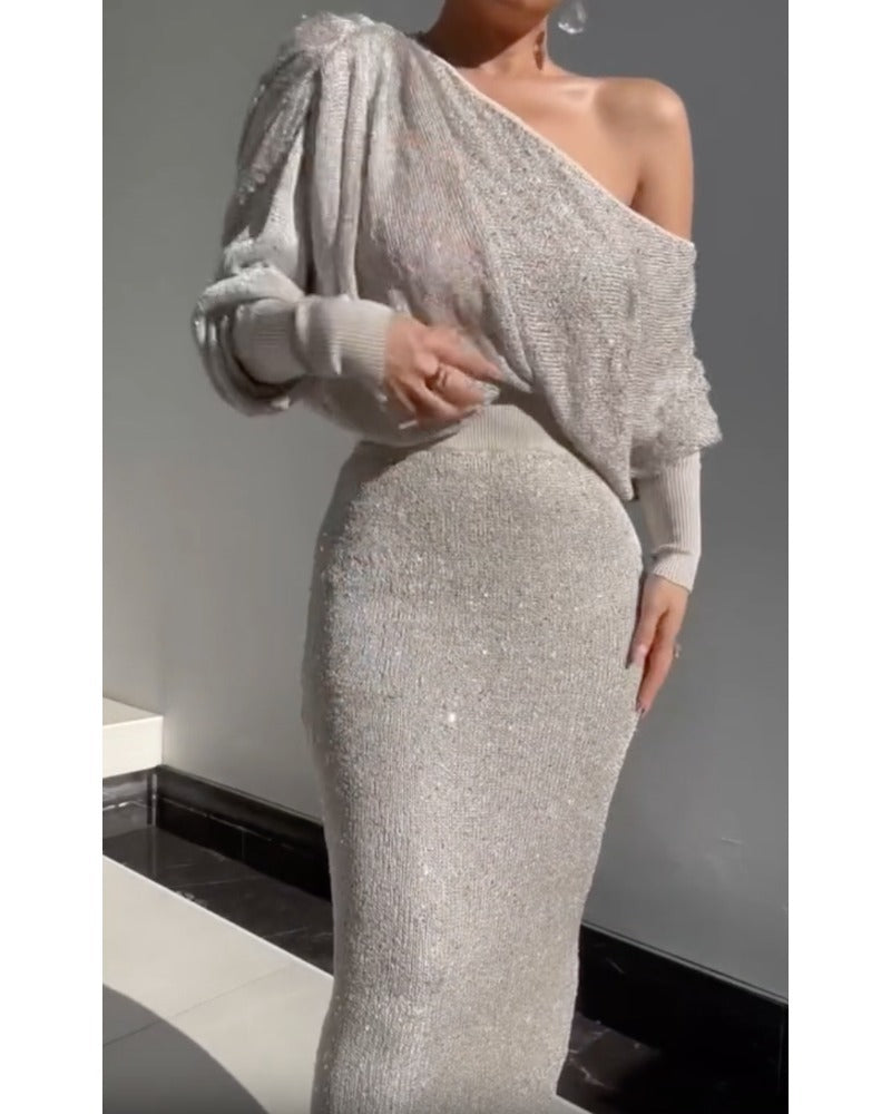 Popular Gray Diagonal Knitted Suit Two-piece Set