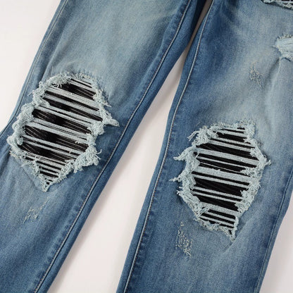 Patched Leather Pleats And Patchwork For Old Washed Light Colored Jeans For Men