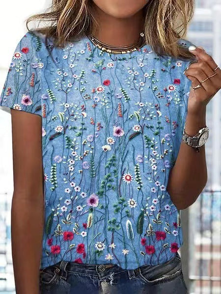 European And American Loose Round Neck Short Sleeve Floral Printed T-shirt