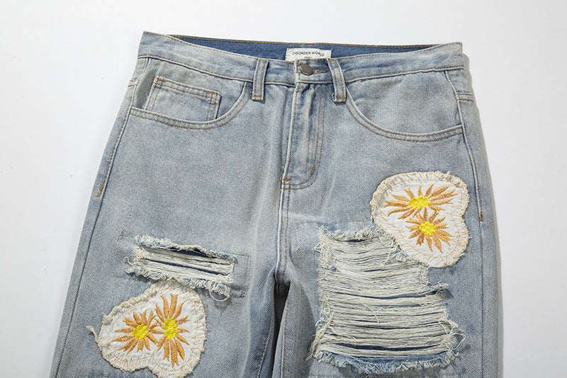 High Street Heavy Hole Daisy Patch Embroidered Jeans