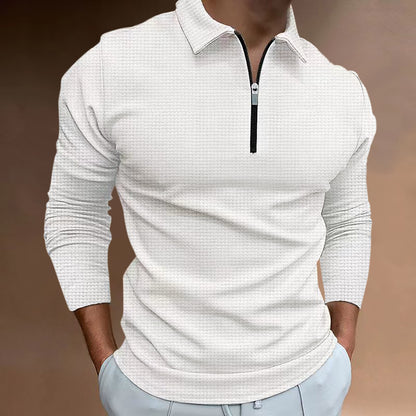 European And American Autumn New Waffle Long-sleeve Zipper Polo Shirt Men's T-shirt Top