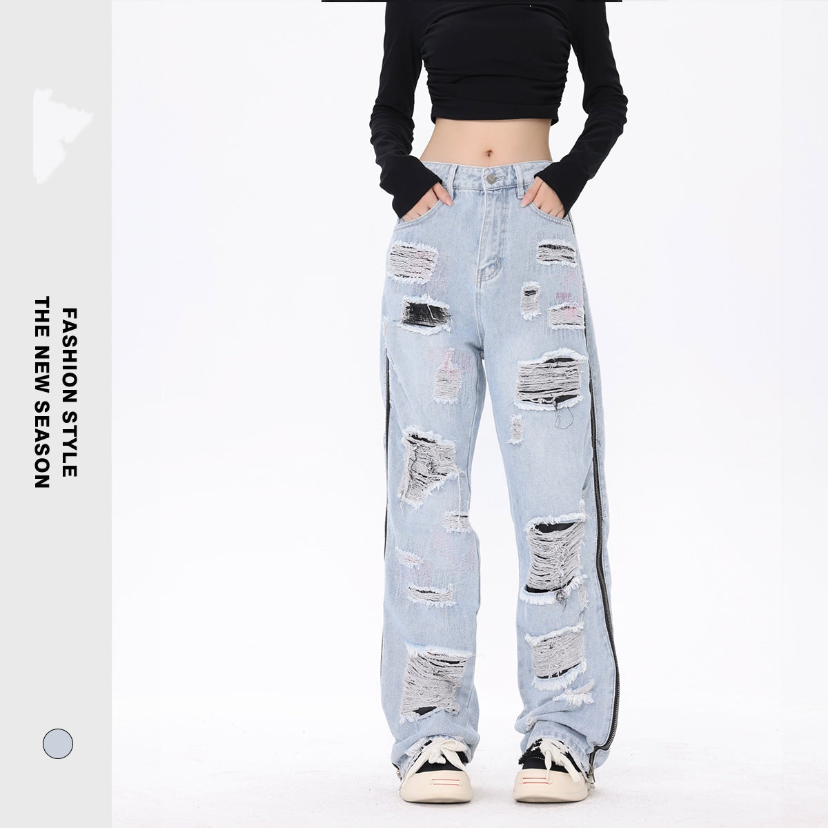 American Street Retro Tattered Jeans Washed Jeans