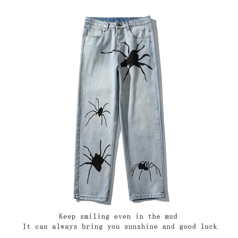 New Men's High Street Fashion Brand Fun Spider Print Jeans