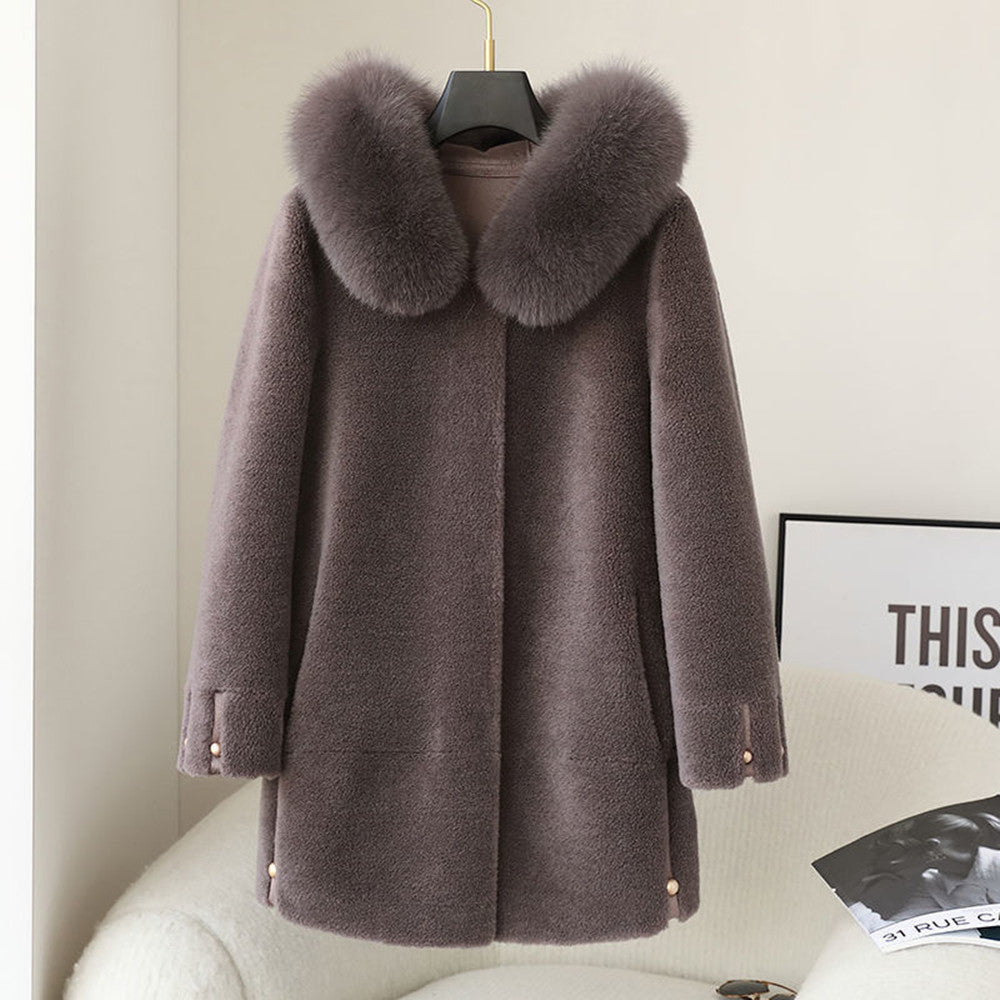 Women's Fox Fur Collar Hooded Sheep Shearling Coat