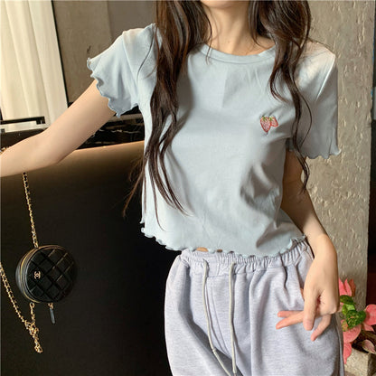 Short Sleeve Embroidered Wooden Ear Slim T-shirt