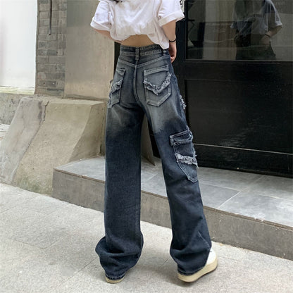 High Street Vintage Jeans Women's Summer Washed Worn Harajuku Straight Drooping Wide Leg Pants