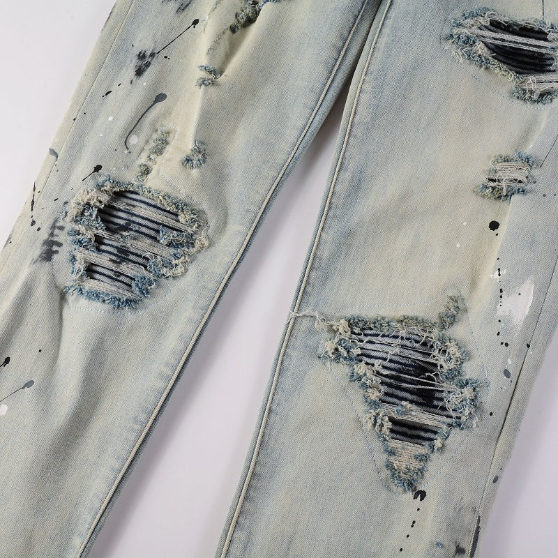 Light Colored Paint Splashing Ink Making Old Washed Jeans For Men