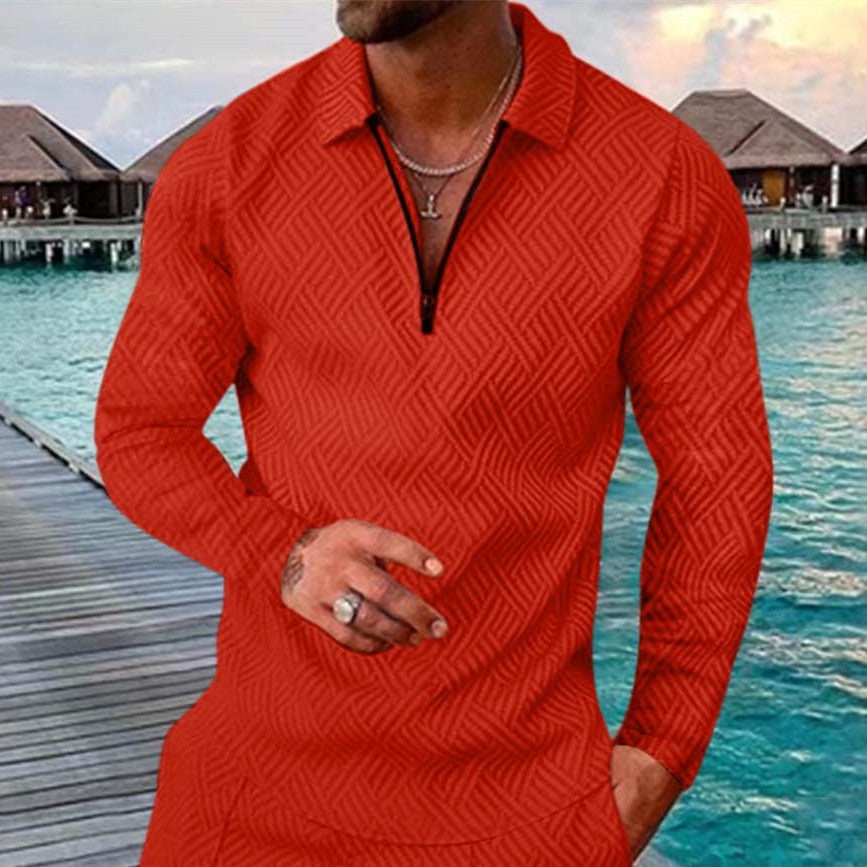 Men's Lapel Zipper Long Sleeve POLO Shirt New Casual T-Shirt