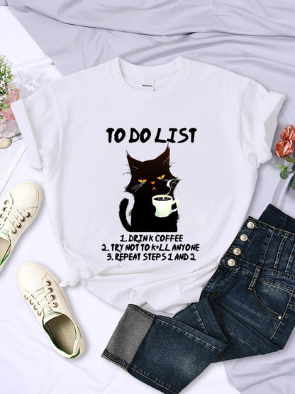 Black Cat To-do List Pattern T-shirt Funny Cat Coffee