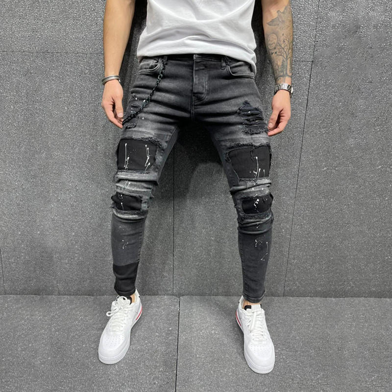 Men's Fashion Torn Patch Skinny Jeans