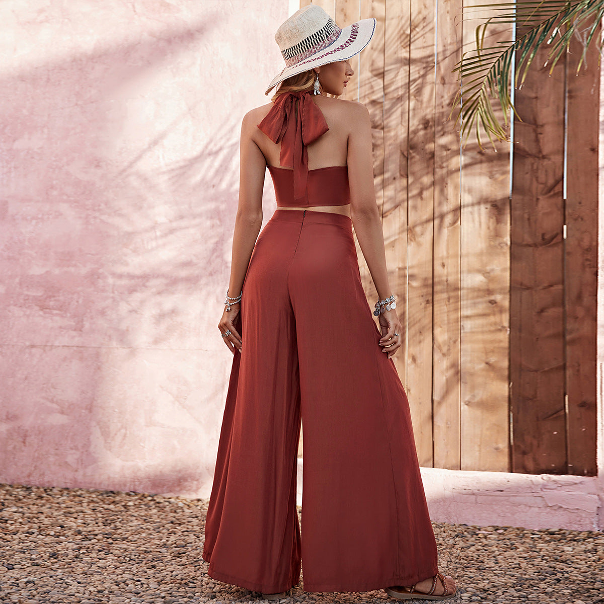 Halter Tank-top High Waist Wide Leg Pants Two-piece Set