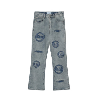 Men's Loose Shredded Embroidered Washed Distressed Jeans