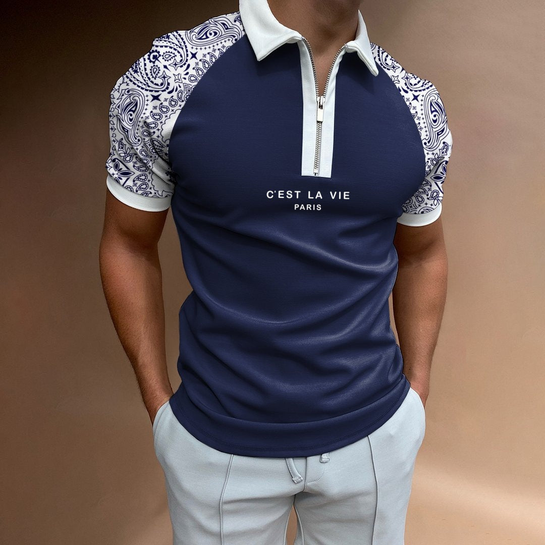 Men's Summer Polo Zipper Color Matching Sports Polo Shirt