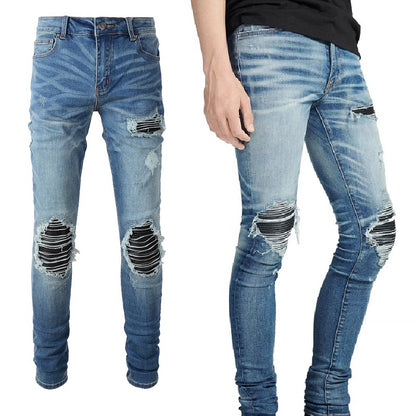 Leather Patching, Slimming, Worn-out Washed Jeans For Men