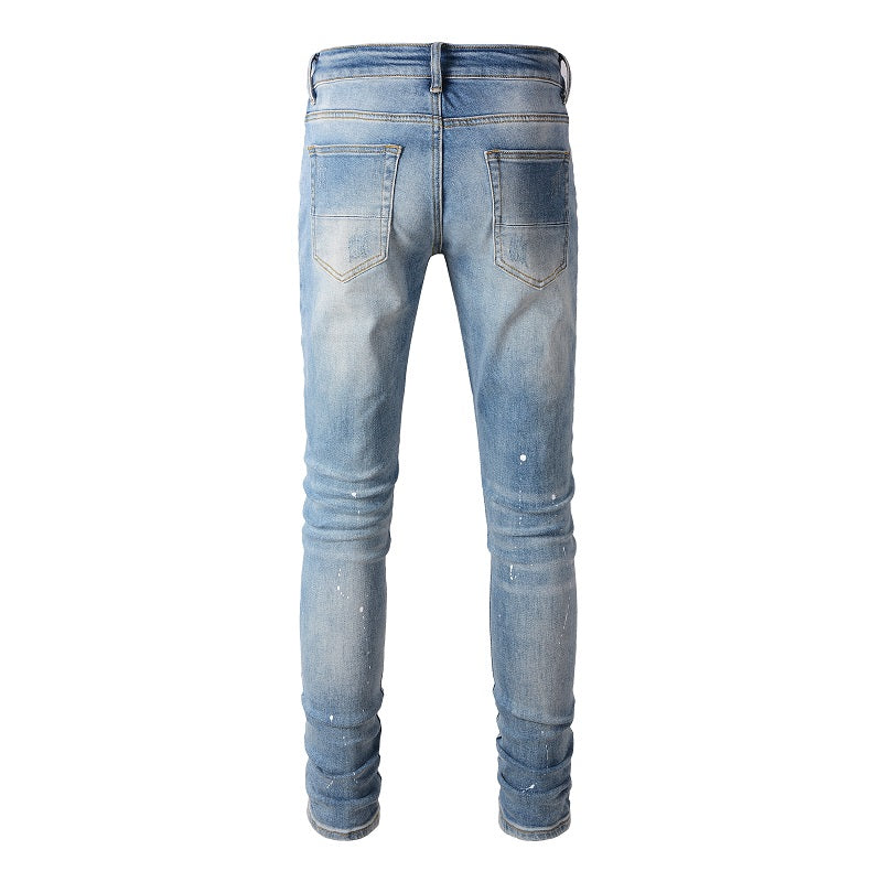 High Street Trendy Brand Worn Out Wash Paint Splashing Perforated Jeans