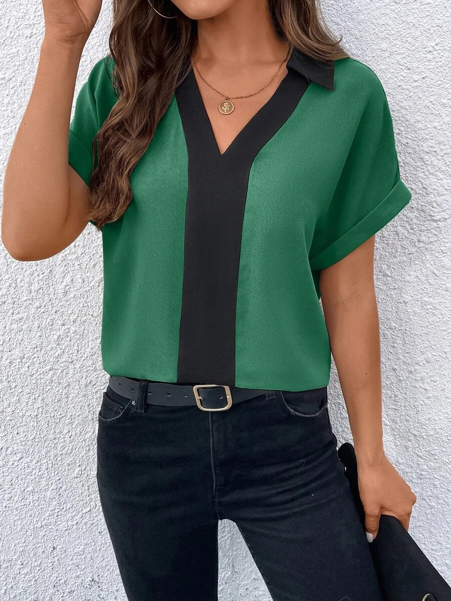 Contrast Color V-neck Raglan Sleeve Lapel Loose Shirt Top