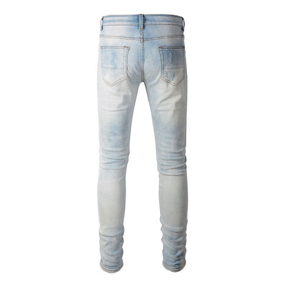 Baby Blue Wash Water Worn Patch Torn Jeans Male